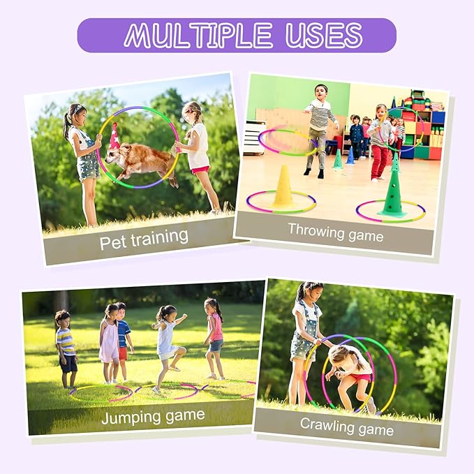 Exercise Hoops for Kids, 8 Pack Detachable & Size Adjustable Toy Color Hoop Rings for Outdoor Gymnastic Dog Agility Equipment Sports Party Games