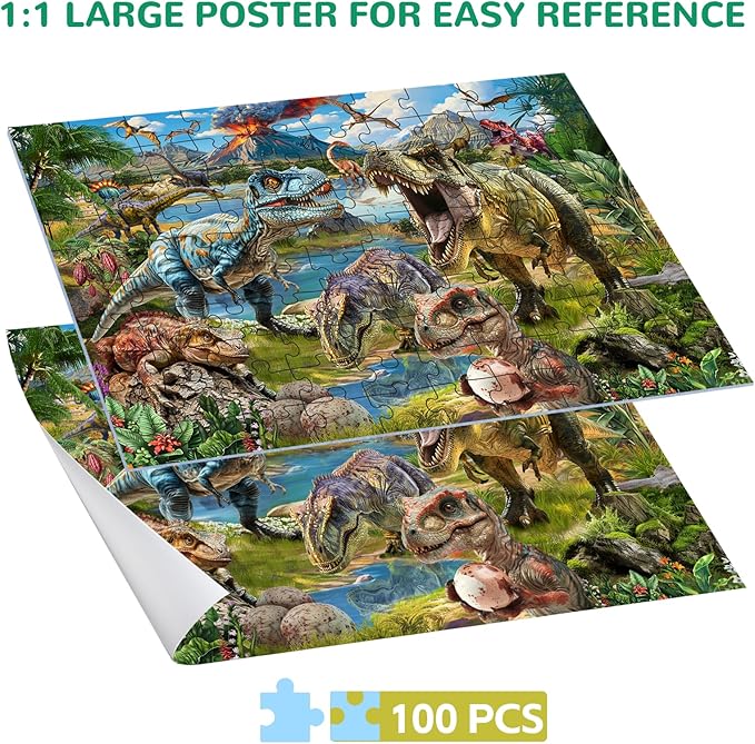 Puzzles for Kids Ages 6-8-10, Dinosaur World Puzzle 100 Pieces Jurassic Landscape Jigsaw Puzzles Educational Toys Gifts for Boys Girls