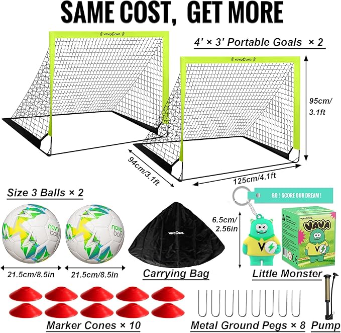 VavaCava 4'x3' Size Portable Soccer Goals Set for Backyard Fun, 2 Nets, 2 Size 3 Balls, 10 Marker Cones, Pump and Carry Bag, Outdoor Games for Backyard, Beach, Lawn, Kids Soccer Training Equipment