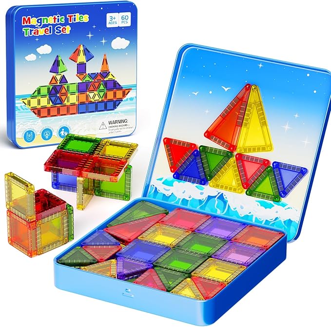 60PCS Mini Magnetic Tiles Travel Set with Metal Storage Box, Magnetic Blocks Kids Toy 3D Clear Magnetictiles Road Trip ‌Essentials Montessori Preschool Classroom Must Haves Xmars Gift for Age 3+