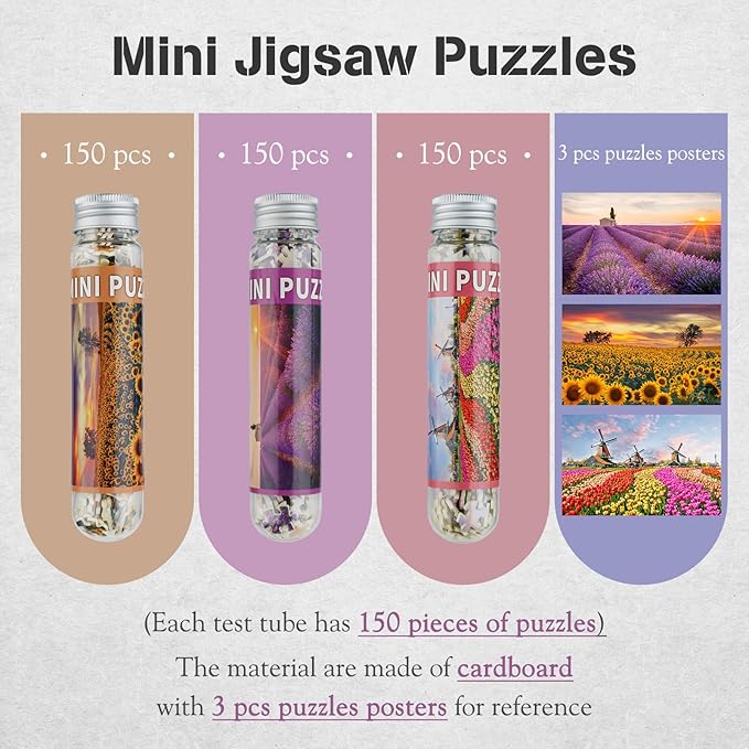 MISITU Small Jigsaw Puzzles for Adults Mini Puzzles 150 Pieces Micro Pieces Small Puzzle Challenging Difficult Puzzles Travel Puzzle Lavender Tulip Sunflowers Jigsaw Puzzle 6 x 4 inch 3 Pack