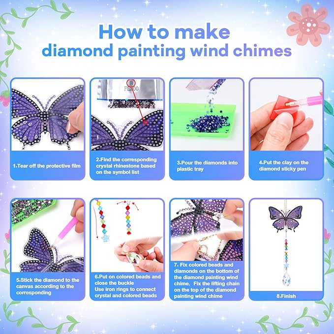 Diamond Art Kits for Kids Ages 6-12: Gifts for 7 8 9 10 Year Old Girls Teens Birthday Gifts Creative Arts & Crafts for Girls Boys DIY Wind Chime & Suncatcher Craft Kit Crystal Decor Kit Butterfly