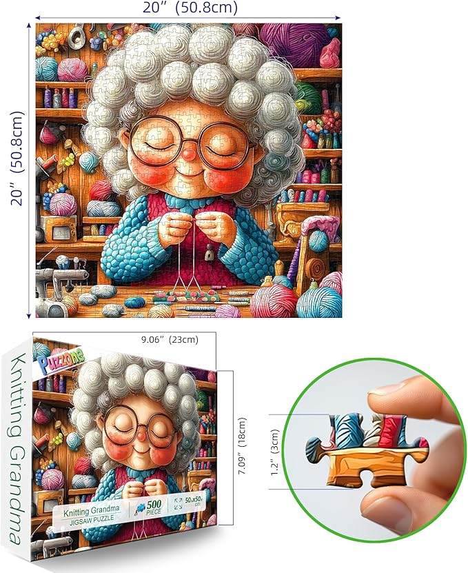 Knitting Grandma 500 Piece Puzzle for Adults Cozy Craft Room Colorful Yarn Balls Jigsaw Puzzle with Letters on Back Fun Cute Cartoon Relax Puzzles for Seniors Family