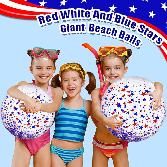 TURNMEON 5 Pack American Flag Beach Balls 24 Inch & 16 Inch Patriotic Pool Toys, Red White Blue Star Confetti Glitter Inflatable Clear Balls for 4th of July Independence Day Pool Parties
