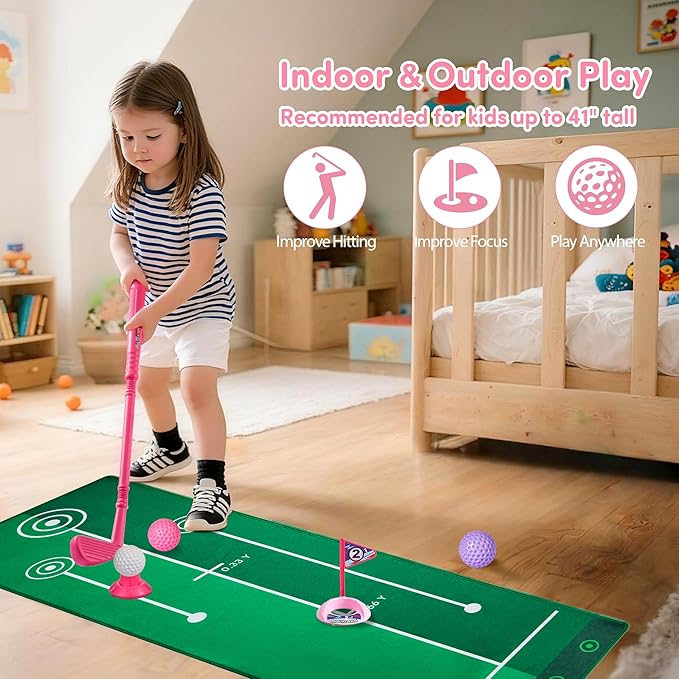 PJG Toddler Golf Set, Plastic Kids Golf Clubs Ages 1 2 3 4 5 Years Old with 4 Golf Clubs and 10 Balls, Indoor and Outdoor Golf Toys with Cart for Boys Girls Birthday Gift (Pink with mat)