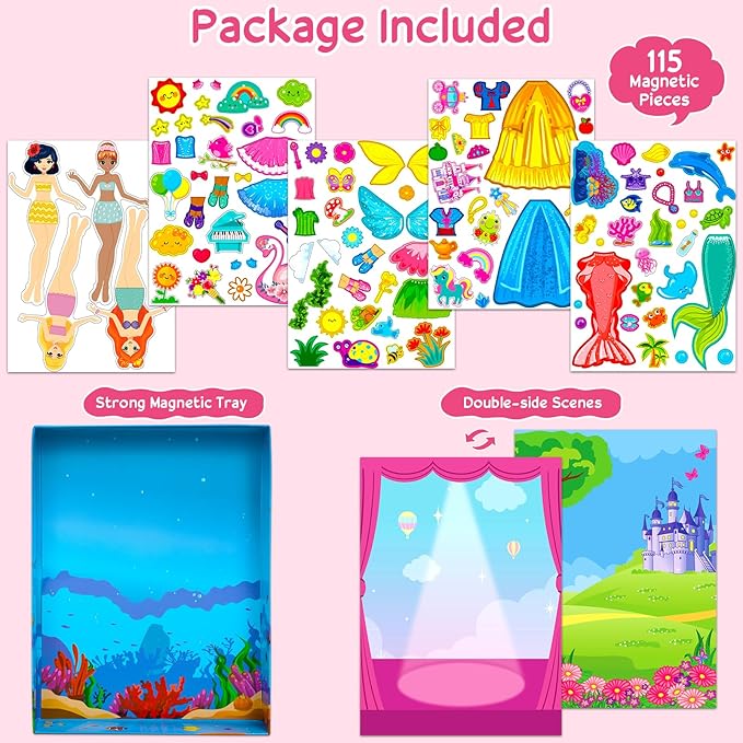 Magnetic Dress Up Dolls Girls Toys Princess Mermaid Fairy Ballerina Fridge Magnets Puzzles Toddlers 3-5 Pretend Play Car Road Trip Airplane Travel Games Activity Birthday Gift 3 4 5 6 7 8 Gilr Boy