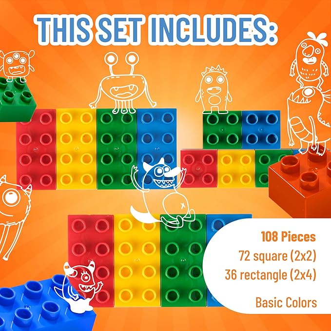Strictly Briks Building Toy Big Blocks - Compatible with Lego Duplo Set for Toddlers & Kids Creative Play & Learning, 108 Set/Basic Colors