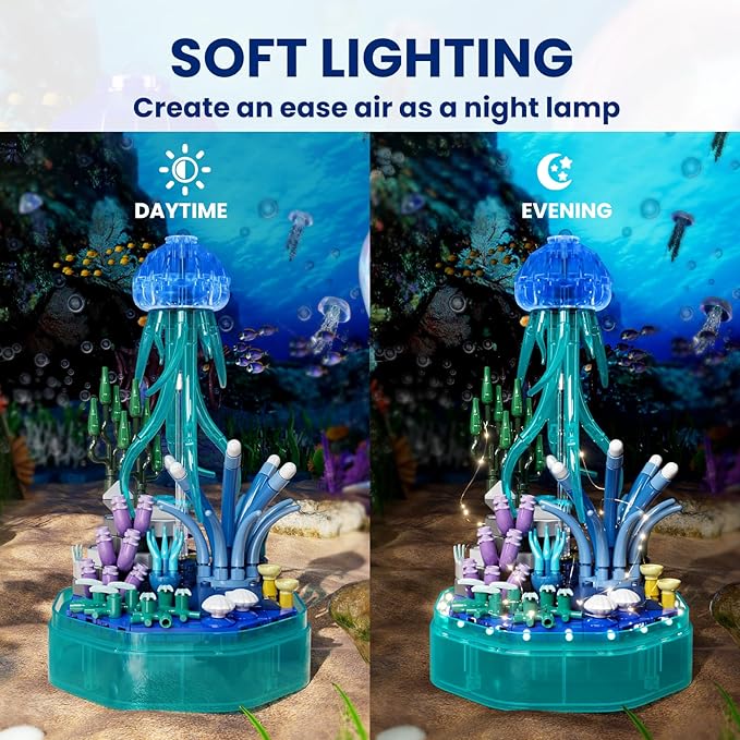 Sea Creature Collections Jellyfish Building Sets with Seaweed and Coral, 10101 Sea Animal Building Kits for Adults and Kid Boys Girls 8 9 10, 405 PCS Natural Style Ocean STEM Toy Music Box with Lights
