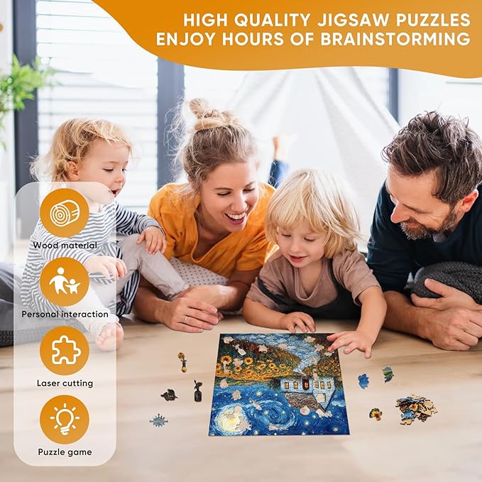 Pikoqunc Sunflower Village Wooden Puzzles for Adults,500 Pieces 15.9x15.9 in,Charming Countryside Jigsaw Puzzle with Unique Laser-Cut Pieces and Exquisite Box, for Family Fun and Festival