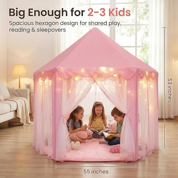 Orian Princess Tent for Girls - Kids Play Tent Indoor & Outdoor with Rug, Pink Toddler Castle Playhouse for Ages 2-7, 55” x 53”, Children’s Toys and Gifts