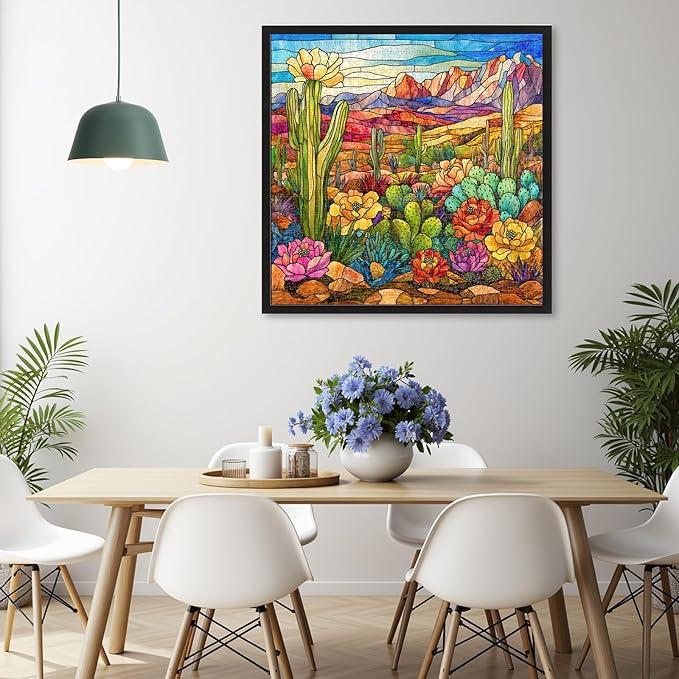 Stained Glass Cactus Jigsaw Puzzles for Adults 1000 Pieces, Difficult Puzzles Perfect for Game Night, Great Gift Idea, Size 24x24 in