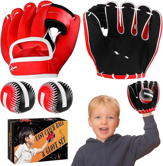Aodaer 2 Pack T Ball Sets Baseball Glove and Ball Set for Teenager Easy Catch, Yard Lawn Game, Baseball Play - Black and Red