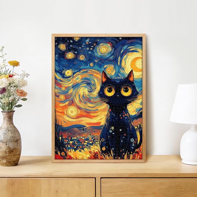 Starry Night Black Cat 1000 Piece Puzzle for Adults - Van Gogh Inspired Art, Whimsical Town Scene, Poster & Lettered Back, 20"x28" HD, Gift for Cat & Art Lovers