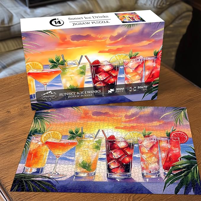 Summer Beach Puzzles for Adults 1000 Pieces, PICKFORU Colorful Seaside Holiday Jigsaw Puzzles Sunset Scene, Impossible Challenging Rainbow Drinks Theme as Home Decor