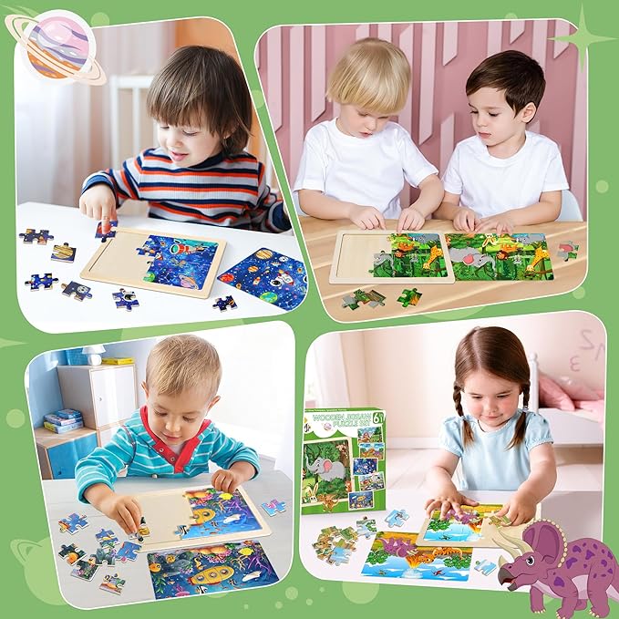 6 Packs Puzzles for Kids Ages 4-6,24Pcs Wooden Puzzles for Kids Ages 3-5,Dinosaur Animals Vehicle Space Farm Jigsaw Puzzles,Preschool Educational Toys Gifts for Children Ages 3+Year Olds Boys Girls