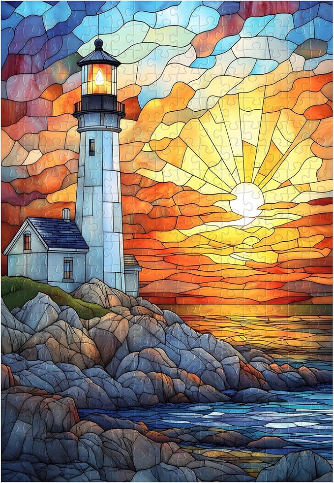 Great Jigsaw Puzzles for Adults 300 Pieces Stained Glass Lighthouse Puzzles for Adults Toys Gift Family Decoration Kids Puzzle
