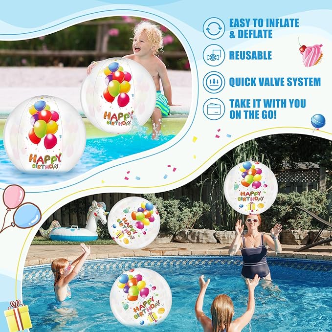 4 Pcs 20 Inch Birthday Beach Ball Clear Inflatable Pool Balls Bulk Large Pool Birthday Party Decorations for Swimming Outdoor Water Games Adults Gift Favor