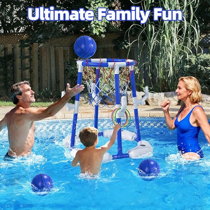 Pool Basketball Hoop for Kids 4-8 & 8-12 Years Old - 2-in-1 Floating & Above Ground Water Game with 4 Balls, 12 Rings & Pump, Outdoor Play Swimming Pool Toy for Adult Summer Party