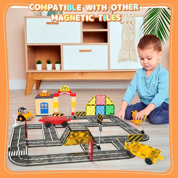 Magnetic Tiles Building Blocks for 3 4 5 6 7 8+ Years Old Boys Girls Colorful Magnet Stacking Toys Birthday Gift for Toddlers STEM Preschool Educational Construction Tiles Set (Magnetic Road)