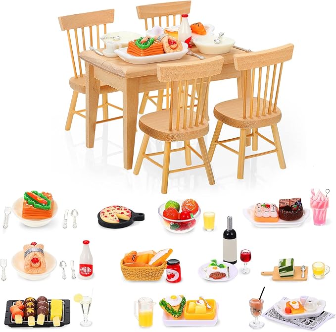HyDren 74 Pcs 1:12 Scale Dollhouse Miniature Food with Wooden Dollhouse Furniture of Table and Chair, Mini Kitchen Accessories Sets Include Mini Milk Juice Knife Fork Spoon Dessert Cake BBQ