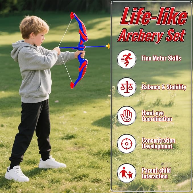 Spider Bow and Arrow Set for Kids, Led Light Up Kids Archery Set with Quiver & Web Target, 10 Suction Cup Arrows & another 3 Target Cans, Birthday Gift toys for 3 4 5 6 7 8 Year Old Boys Girls