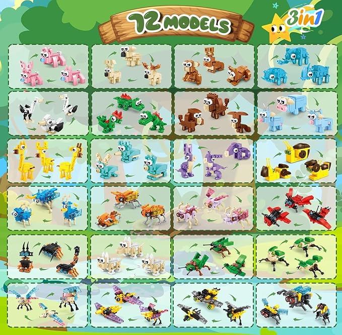 24 Packs Building Sets for Kids,3 in 1, 72 Kinds of Transformable Building Block Toy,Compatible with Mini Lego Animals,Classroom Student Prizes Christmas Birthday Gifts for Kid Age 6+