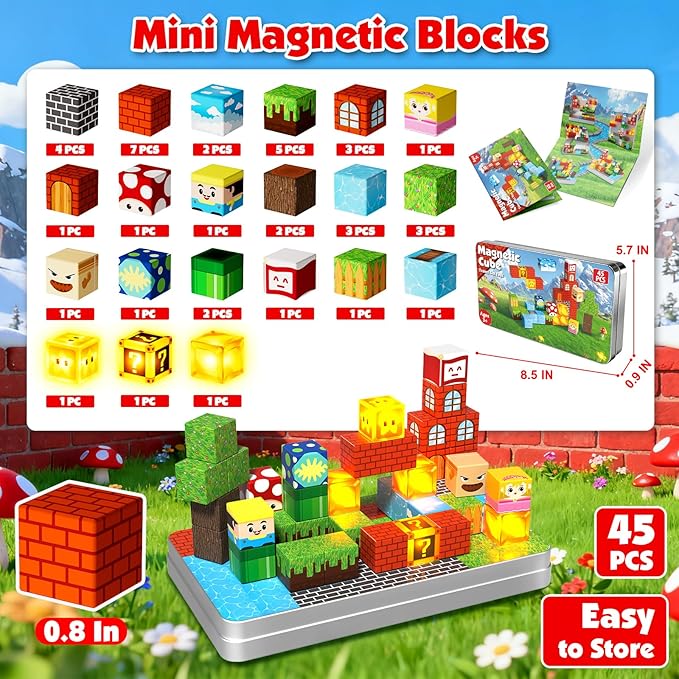 Magnetic Blocks with Light Up Blocks - 45PCS Travel Magnetic Building Blocks for Toddler,STEM Educational Cubes Toys for Kids Ages 3 4 5 6 7 8 Year Old Boys Girls Christmas Birthday Gifts