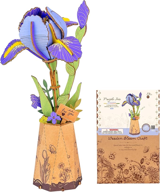 ROBOTIME Purple Iris 3D Wooden Puzzle - DIY Flower Craft Kit for Adults, Artificial Iris Model to Build, Valentine's Day Gift, Home Decor, Birthday Present