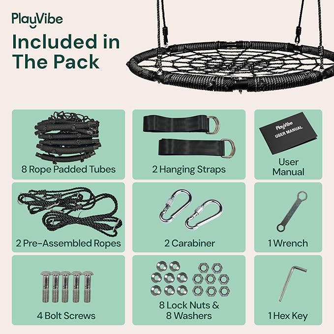 PLAYVIBE Spider Web Tree Swing Year-Round Gift - 40-Inch Black Saucer - 440 lb Capacity & 900D Oxford Waterproof - Heavy-Duty Steel Frame & Hanging Straps, Outdoor Swing Set Accessories for Toddlers