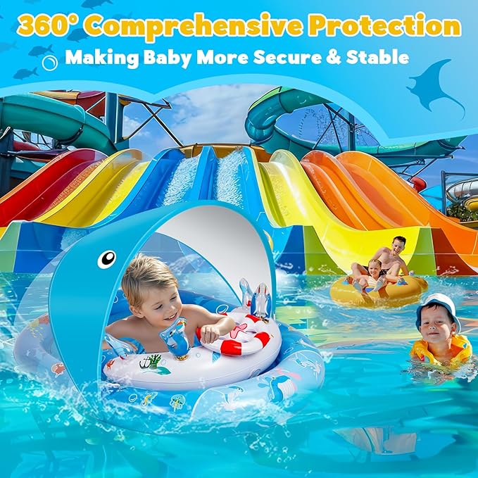 Baby Pool Float with Canopy, Baby Swim Float with UPF50+ Sun Protection Canopy and Toy Play Console, Inflatable Baby Float & Swimming Float with Adjustable Safety Seat for 6-36 Months