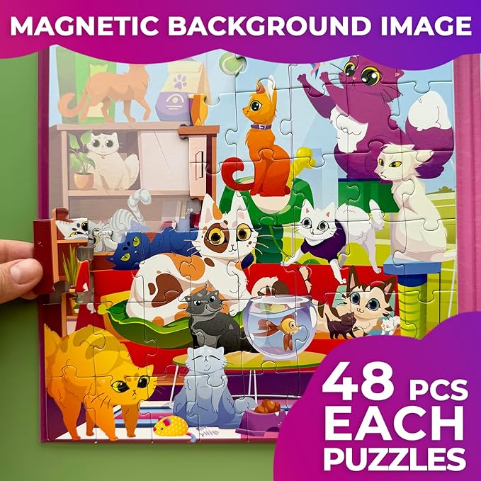 QUOKKA Magnetic Puzzles for Kids Ages 3-5 – 2x48 Pieces Travel Games for Toddlers 2-4 – Cats & Dogs Learning Magnetic Puzzles for Kids Ages 4-8 – Educational Puzzle Gift Toy for Boys and Girls