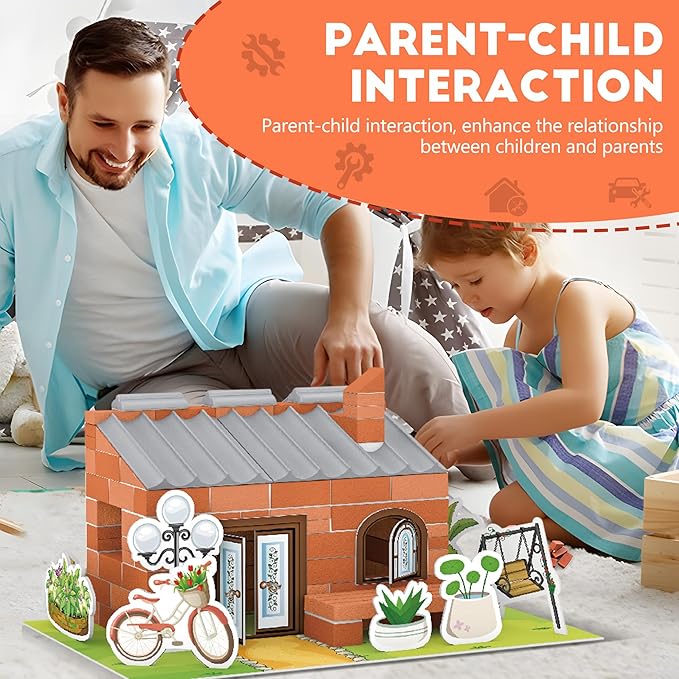 House Building Set for Kids 4+, Mini Brick Construction Kit with Mortar, STEM Architecture Blocks, Reusable DIY Projects, Creative Birthday Gift