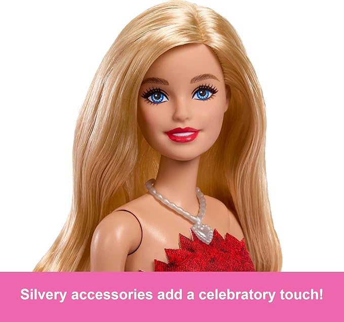 Barbie Mattel 80th Anniversary Ruby-Red Celebration Blonde Fashion Doll Wearing Red Dress with Silvery Shoes & Necklace, Collectible Toy