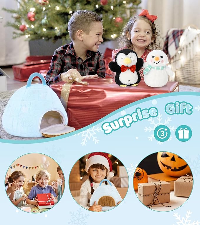 Tezituor 6 Pcs Ocean Sea Plush House with 5 Stuffed Animal Set,Sea Lions, Penguins, Sharks, Polar Bears, Snowmen Plush Toys, Soft Arctic Lgloo Plushie Gifts for Kids Christmas Valentines Birthday