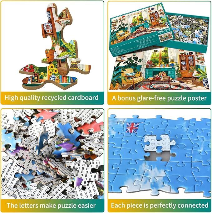 1000 Piece Puzzles for Adults - Cozy Boho Living Room Scene - Jigsaw Puzzles for Adults 1000 Piece Challenging Paper Puzzle for Relaxation, Home Decor Plant Lover Gifts (27.5" x 19.7")