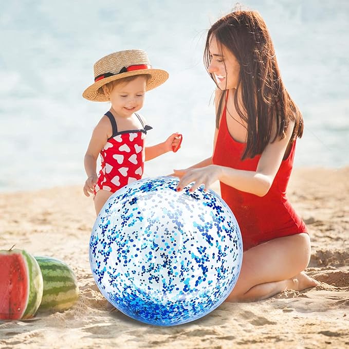 5 Pcs Inflatable Beach Balls, 16 Inch & 24 Inch Large Confetti Glitter Beach Balls, Sequins Clear Blow up Pool Balls Toys for Christmas Party Decorations 2026 New Year Birthday Summer Swimming Pool