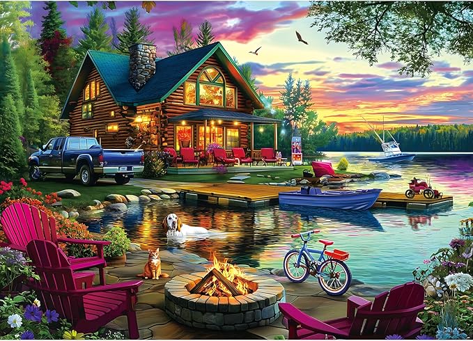1000 Piece Puzzle for Adults Lakeside Sunset Log Cabin Jigsaw Adult Puzzles with Fire Pit & Dock Lake Landscape Puzzle with Letters on Back, Fun Games for Adult Game Night