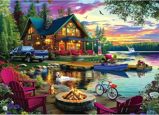 1000 Piece Puzzle for Adults Lakeside Sunset Log Cabin Jigsaw Adult Puzzles with Fire Pit & Dock Lake Landscape Puzzle with Letters on Back, Fun Games for Adult Game Night