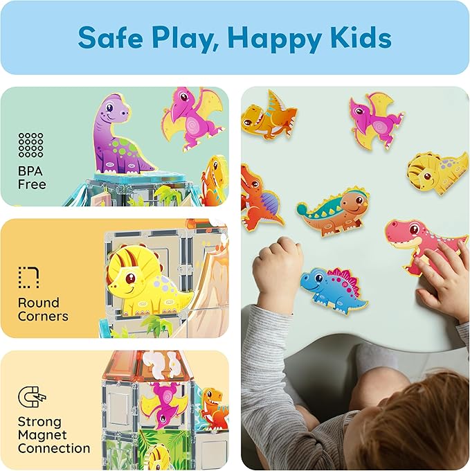 PicassoTiles Dinosaur Toys Magnet Tiles Building Blocks 8 Magnetized Action Figures Compatible Magnetic Construction Build and Play Tile Accessory Toy STEAM Educational Learning Toys Kids Ages 3+