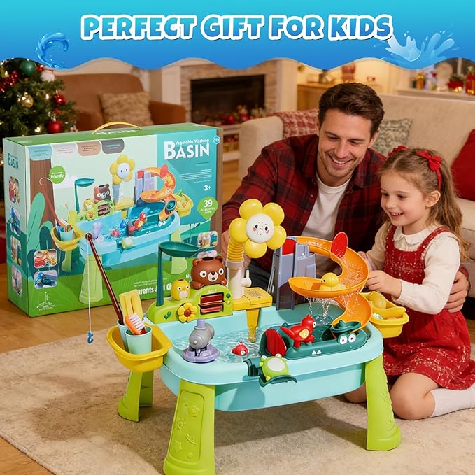 Upgraded Toddler Sand Water Table Toy with Electric Water Pump, Kids Sand Water with Faucet/Play Food Accessories/Fishing Toy, Kitchen Play Sink Toys for Girl Boy Age 3+ (Blue)