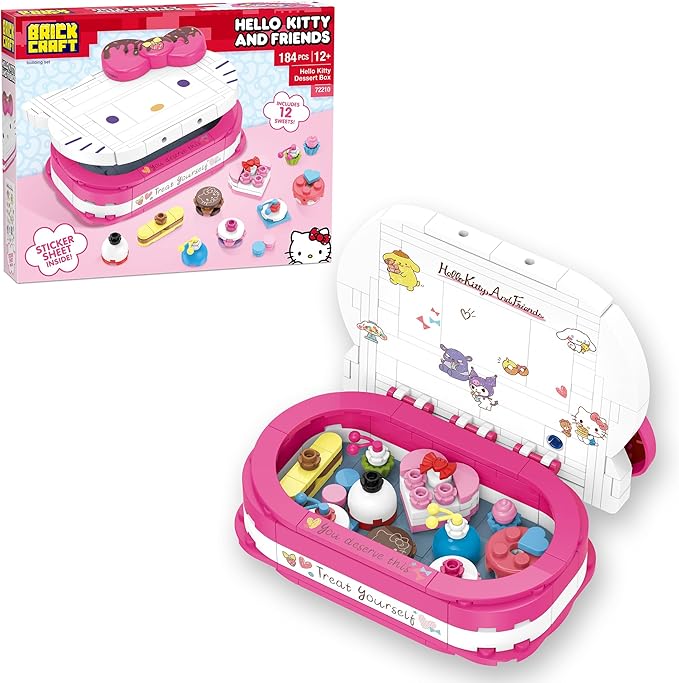 Brickcraft Hello Kitty Dessert Box Building Kit (184-Piece Set), Sanrio Buildable Sweets Set with Chocolate Bow Lid, Decorative Stickers, Gift for Fans Ages 12+
