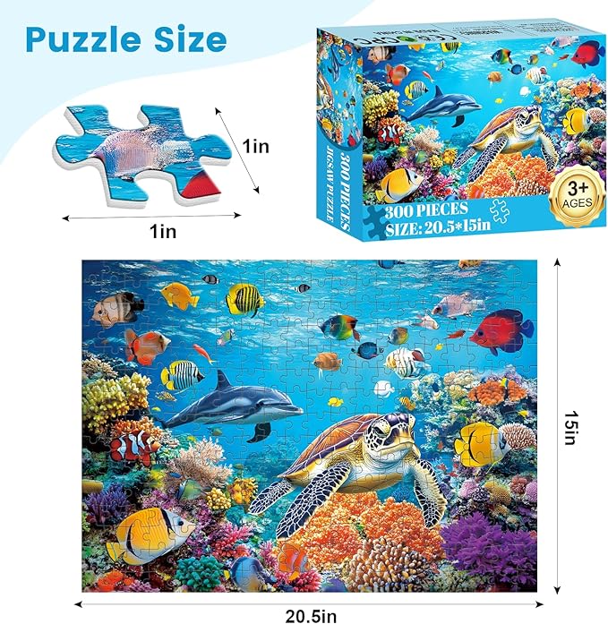 300 Pieces Underwater World Puzzle for Adults, Sea Turtle Jigsaw Puzzle 300 Pieces Recycled Cardboard Puzzles for Adults, Family Challenging Game Home Decor Gift Toy for Teens Kids Seniors 20.5×15 in