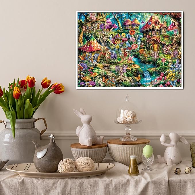Flower Fairy Puzzle for Adults 1000 Pieces, Funny Mushroom Jigsaw Puzzle, Fantasy Colorful Butterfly Insect Puzzle