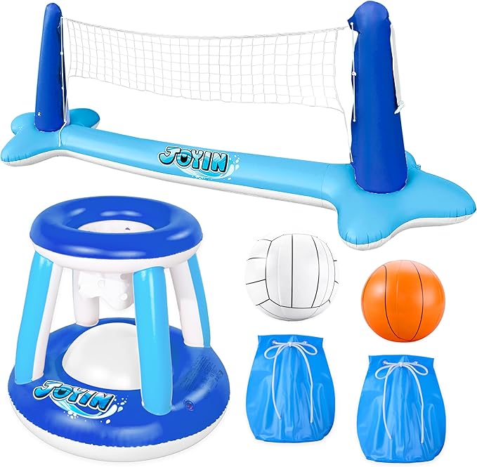 JOYIN Inflatable Volleyball Net & Basketball Hoops Pool Float Set; Balls Included for Kids/Adults, Summing Pool Game, Floating, Summer Floaties, Volleyball Court |Basketball,L-Dark Blue