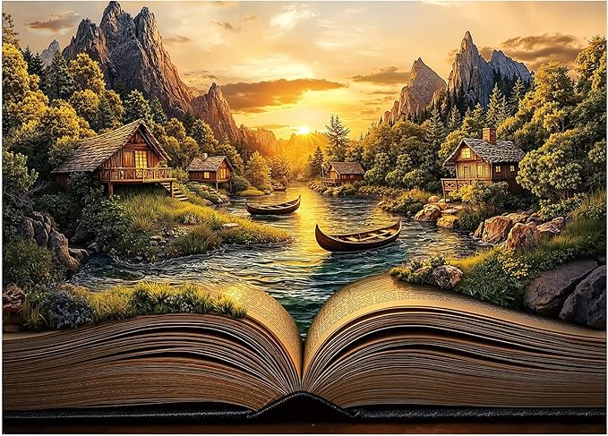 Fantasy Book Sunset Puzzle 1000 Pieces for Adults, Magic Forest Mountain Landscape Jigsaw Puzzles, Cabin Vintage Nature Scenery Puzzles