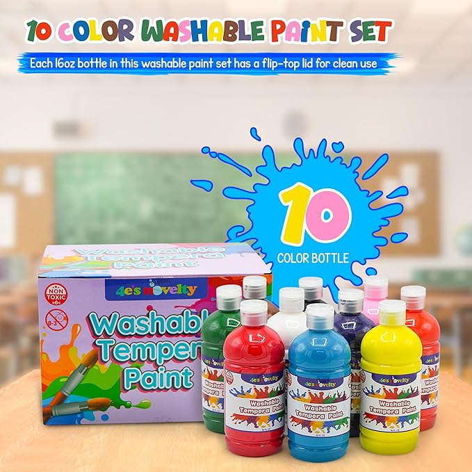4E's Novelty 16oz Washable Tempera Paint Set for Kids – 10 Bright Colors – 16oz Bottles – Non Toxic Washable Paint for Crafts, Teacher Classroom Must Have, Arts & Craft Supplies