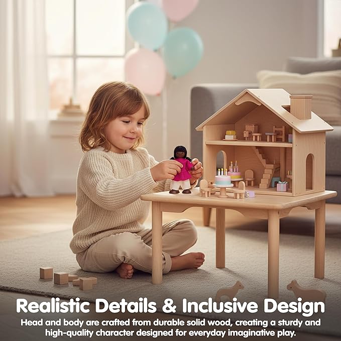 PlanToys® Girl Wooden Dollhouse Figurine | Poseable 1:12 Scale Mini Doll (4 Inch) | Dollhouse Accessories for Pretend Play | Eco-Friendly Montessori Toy for Kids Ages 3+