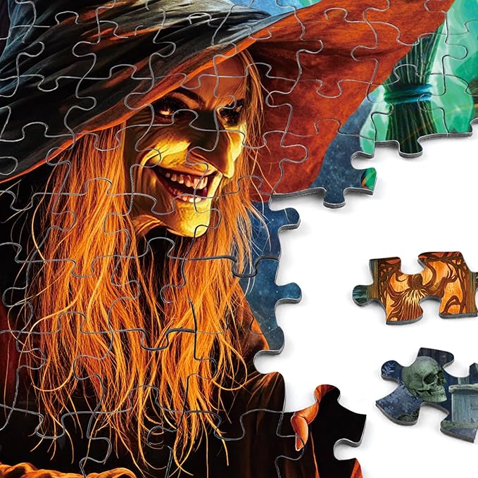 Rocorose Halloween Jigsaw Puzzle 1000 Pieces, Halloween Witches Puzzle for Adults Scary Jack - o - Lanterns Puzzles Haunted House Skeleton as Party Decor and Ideal Gift