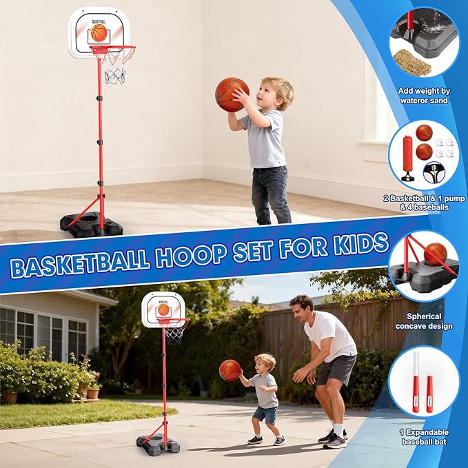 3-In-1 Kids Basketball Hoop and T Ball Set for Age 3-5 6-8, Adjustable Toddler Basketball Hoop, Hanging Tee Ball for Outdoor, Birthday Christmas Sport Toys Gift for Boys Girls 3 4 5 6 7 8 Year Olds
