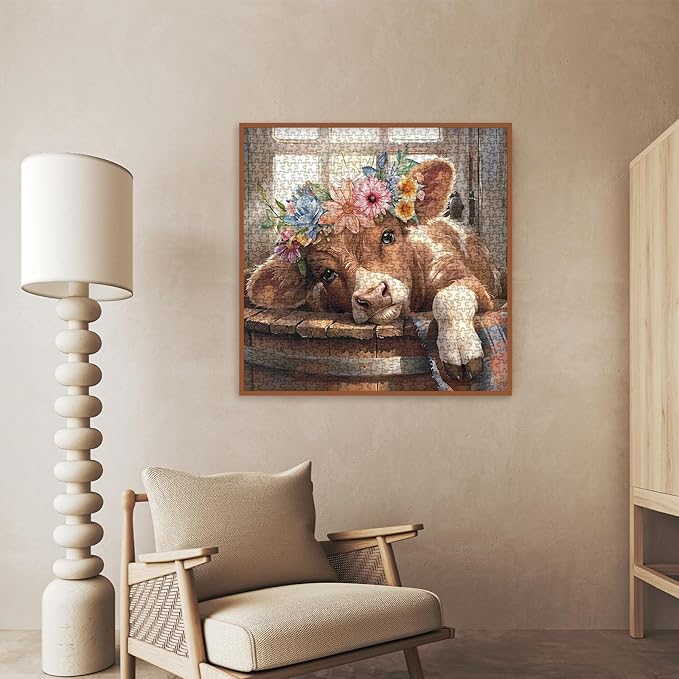 Cute Highland Cow Puzzles for Adults 1000 Pieces, Art Colorful Flower Animal Cattle Jigsaw Puzzle, Funny Plant Wildflower Pages Calf Puzzle